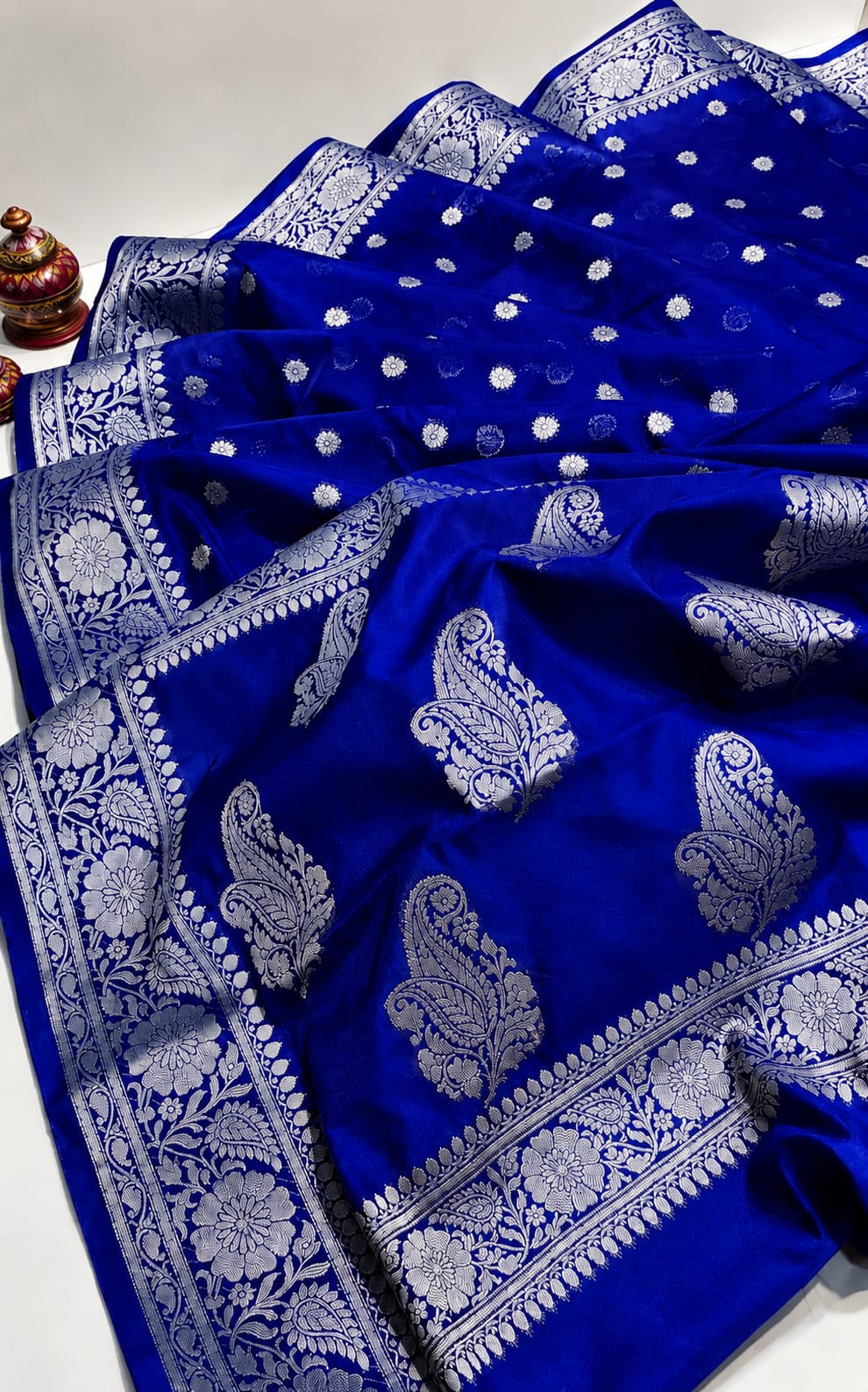Royal Blue Banarasi Silk Saree with Silver Floral & Paisley Zari Border