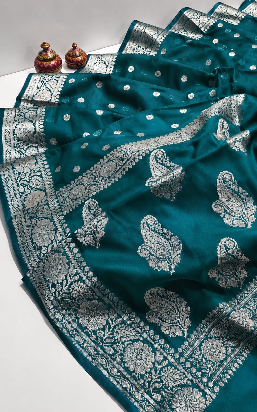Teal Blue Banarasi Silk Saree with Silver Zari Paisley & Floral Border