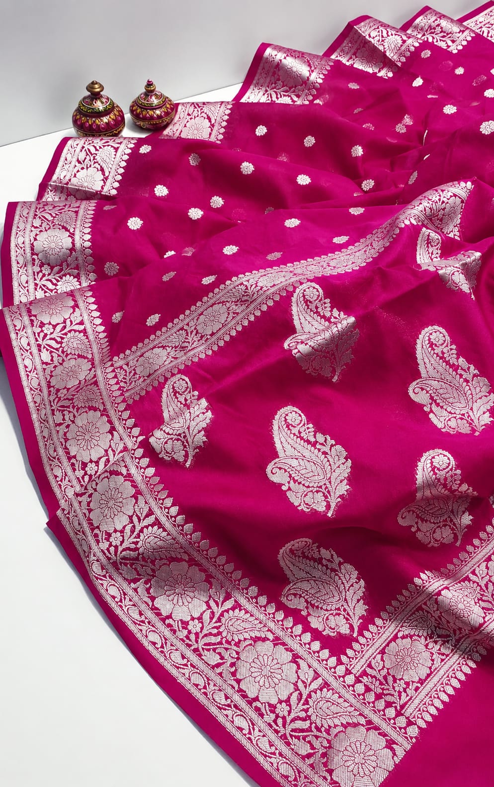 Stunning Pink Banarasi Silk Saree with Silver Zari Paisley & Floral Border