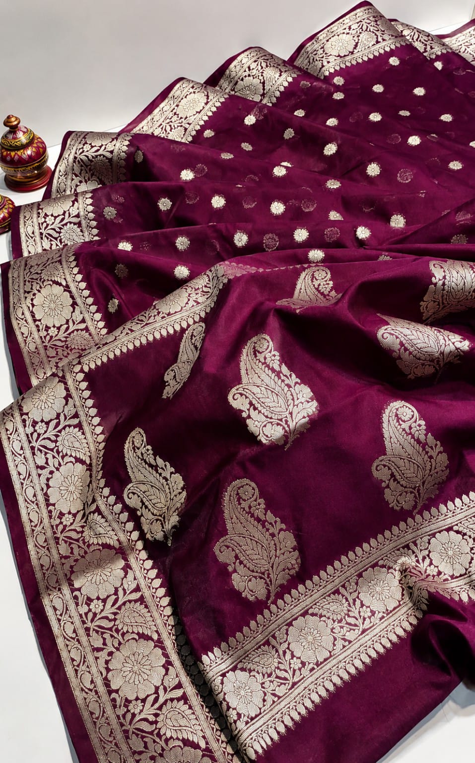 Royal Wine Purple Banarasi Silk Saree with Gold Zari Floral and Paisley Border