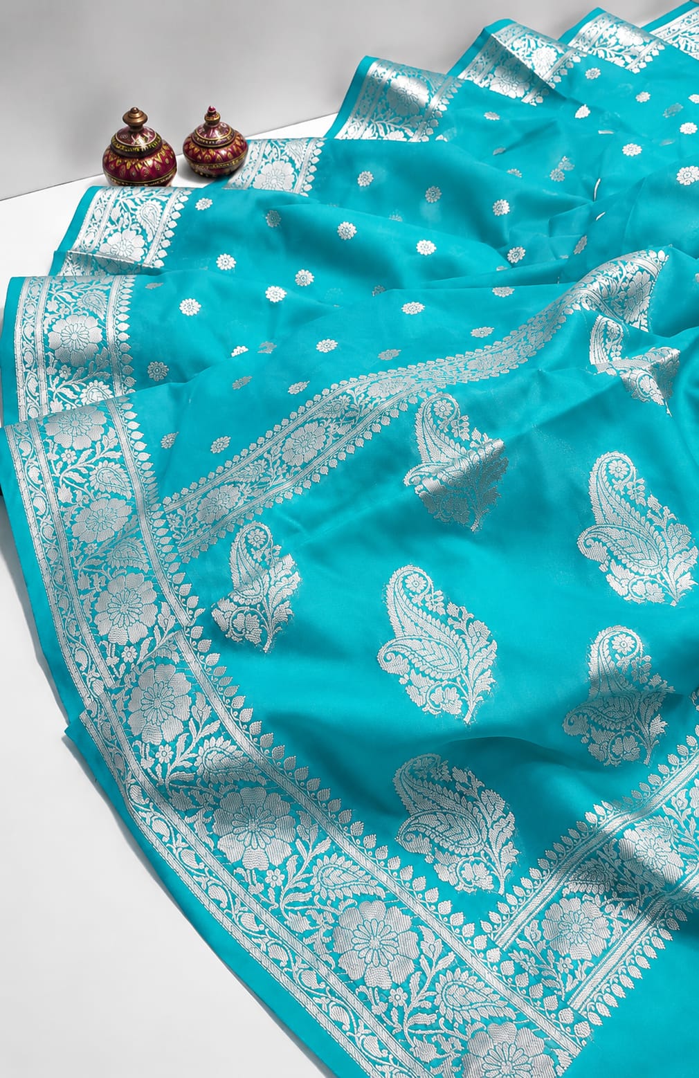 Elegant SkyBlue Banarasi Silk Saree with Silver Zari Floral and Paisley Border