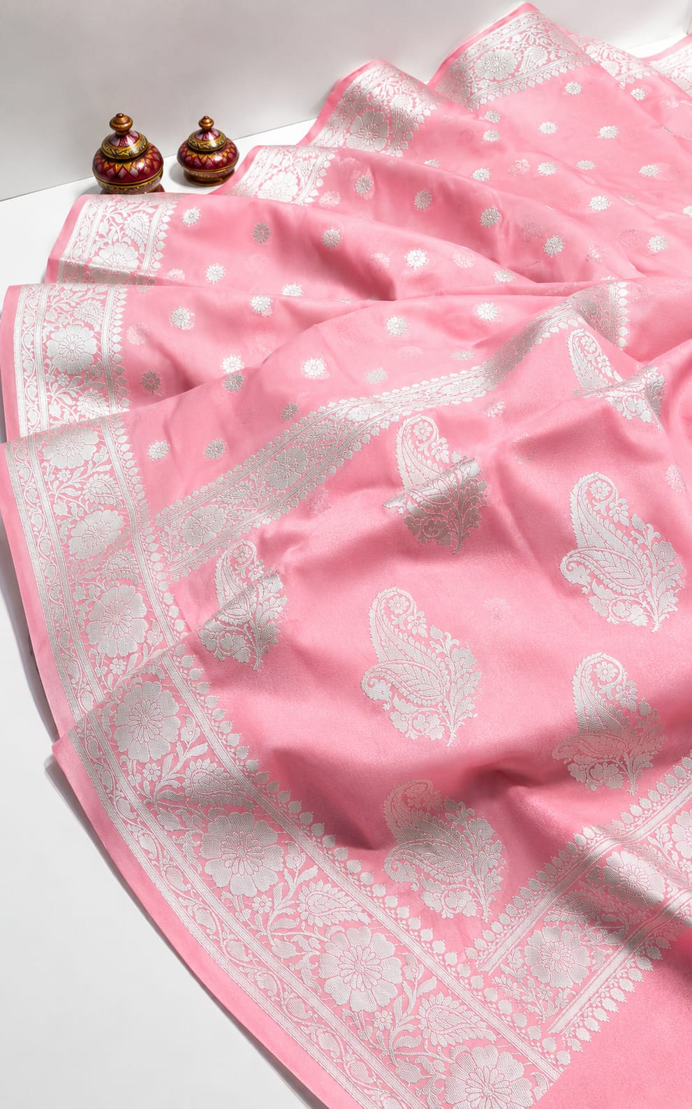 Elegant Light Pink Banarasi Silk Saree with Silver Zari Floral and Paisley Border