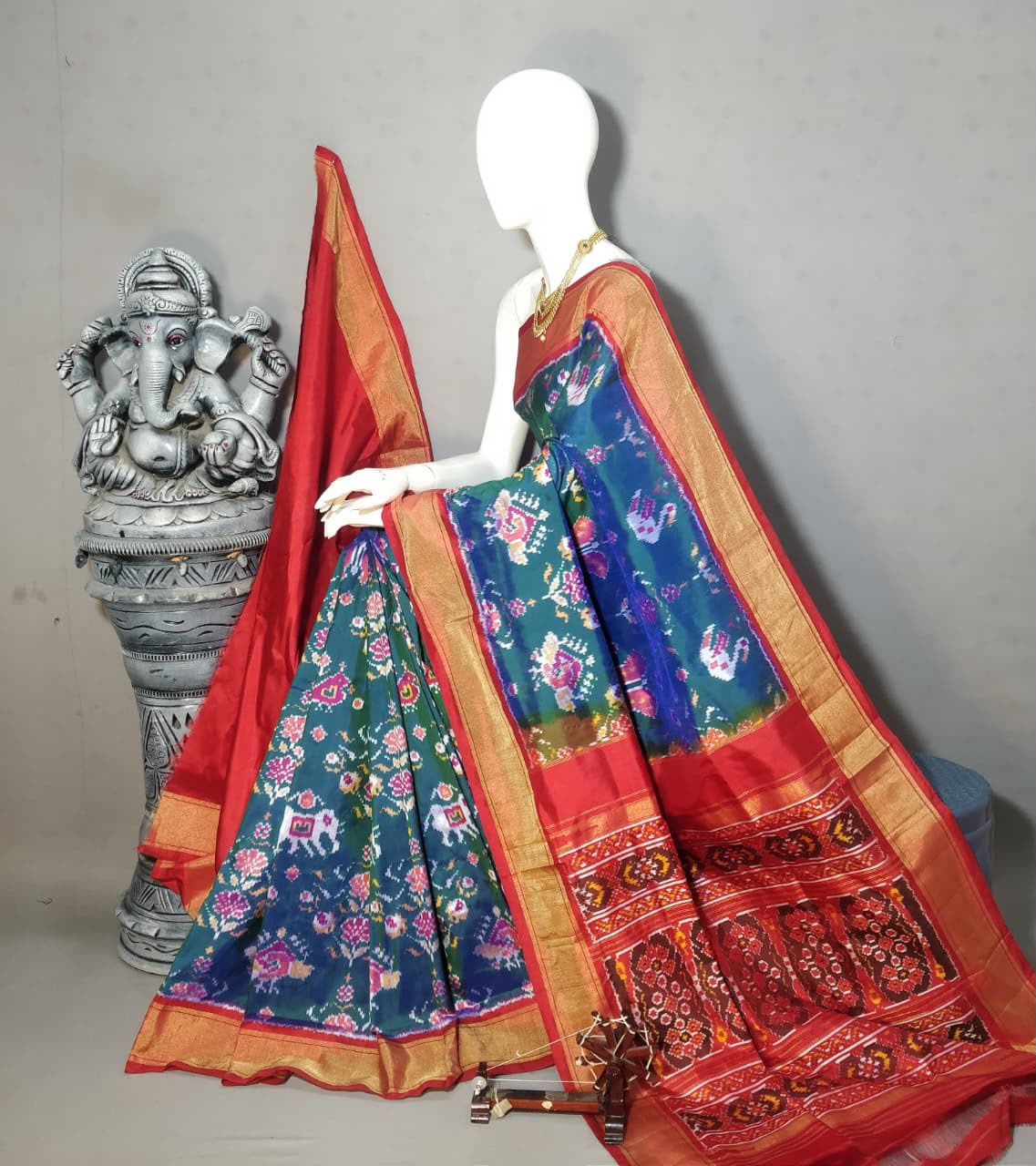 Pochampally Ikkat Silk Patola Saree – Teal Blue