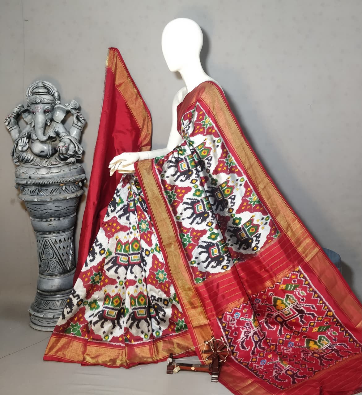 Pochampally Ikkat Silk Patola Saree – White & Red