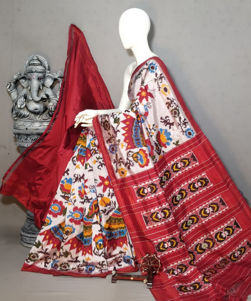 White & Red Patola Ikkat Silk Saree