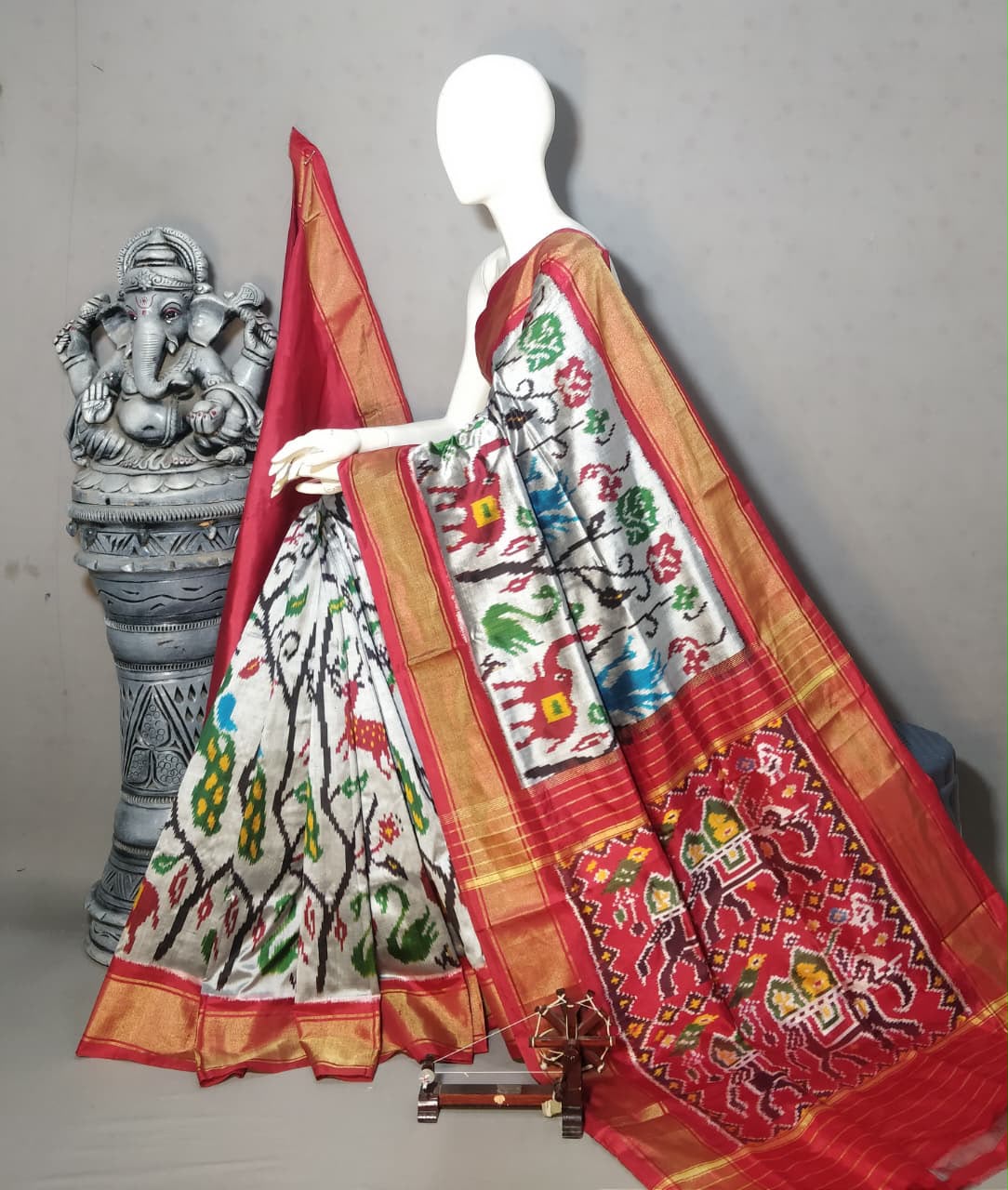 White Patola Ikkat Silk Saree with Red Border & Traditional Pallu