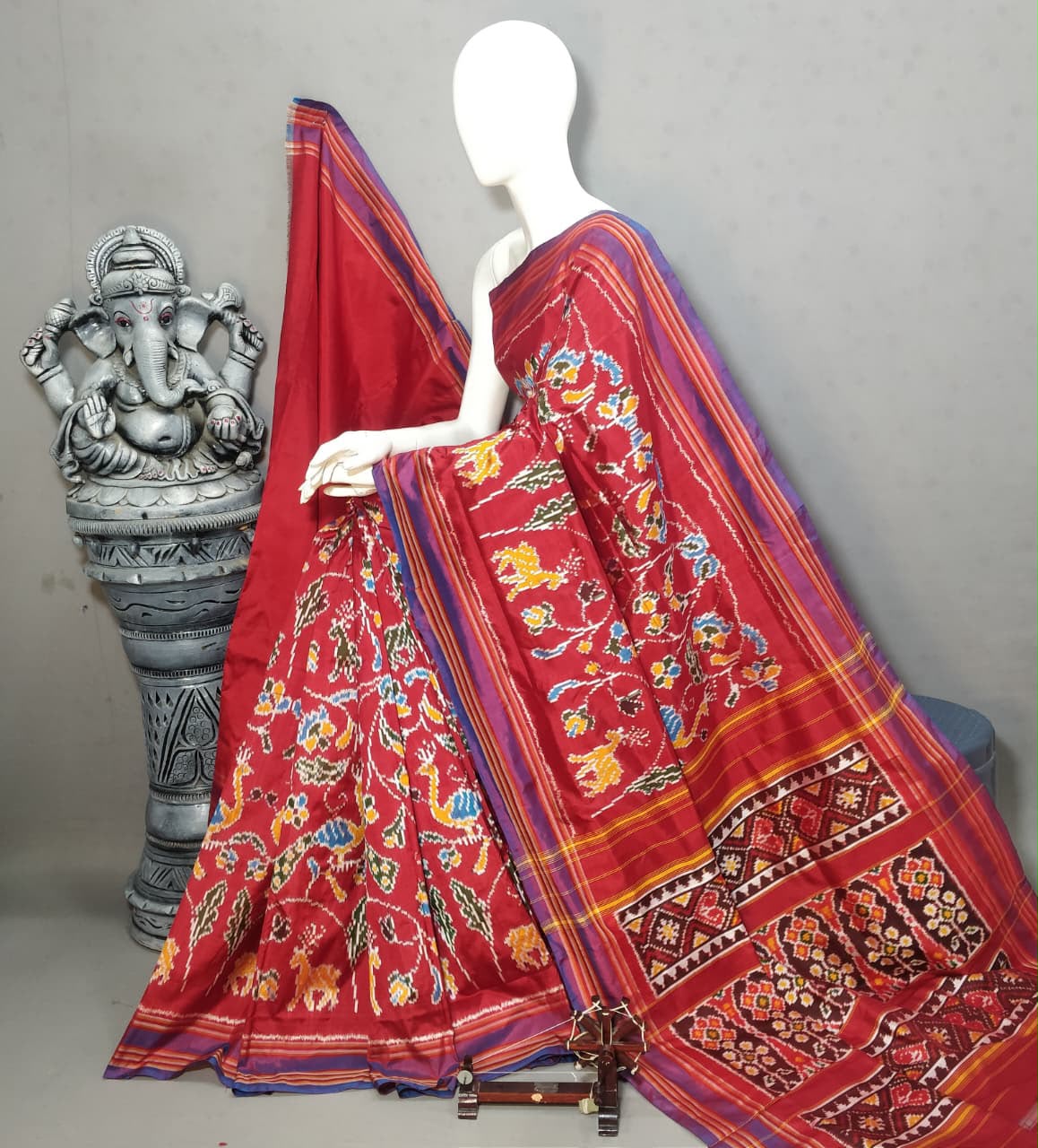 Crimson Red Patola Ikkat Silk Saree with Traditional Handwoven Pallu