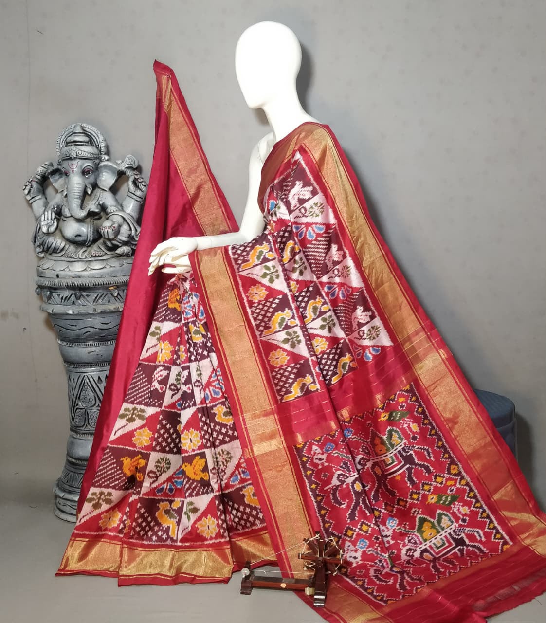 Maroon Handwoven Patola Silk Saree with Traditional Ikat Motifs & Rich Red Zari Pallu