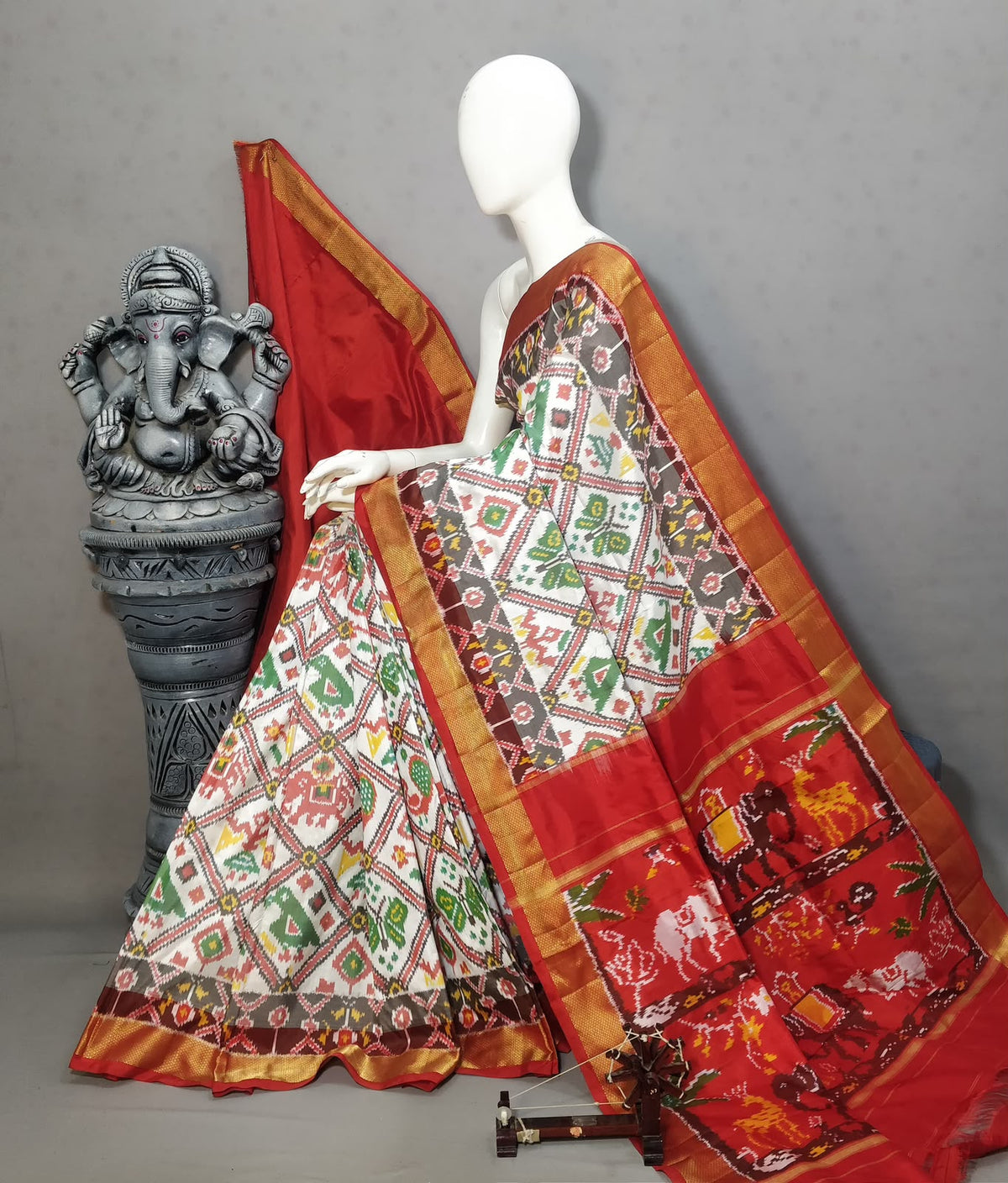Off-White Handwoven Patola Silk Saree with Red Pallu, Traditional Ikat Motifs & Zari Border