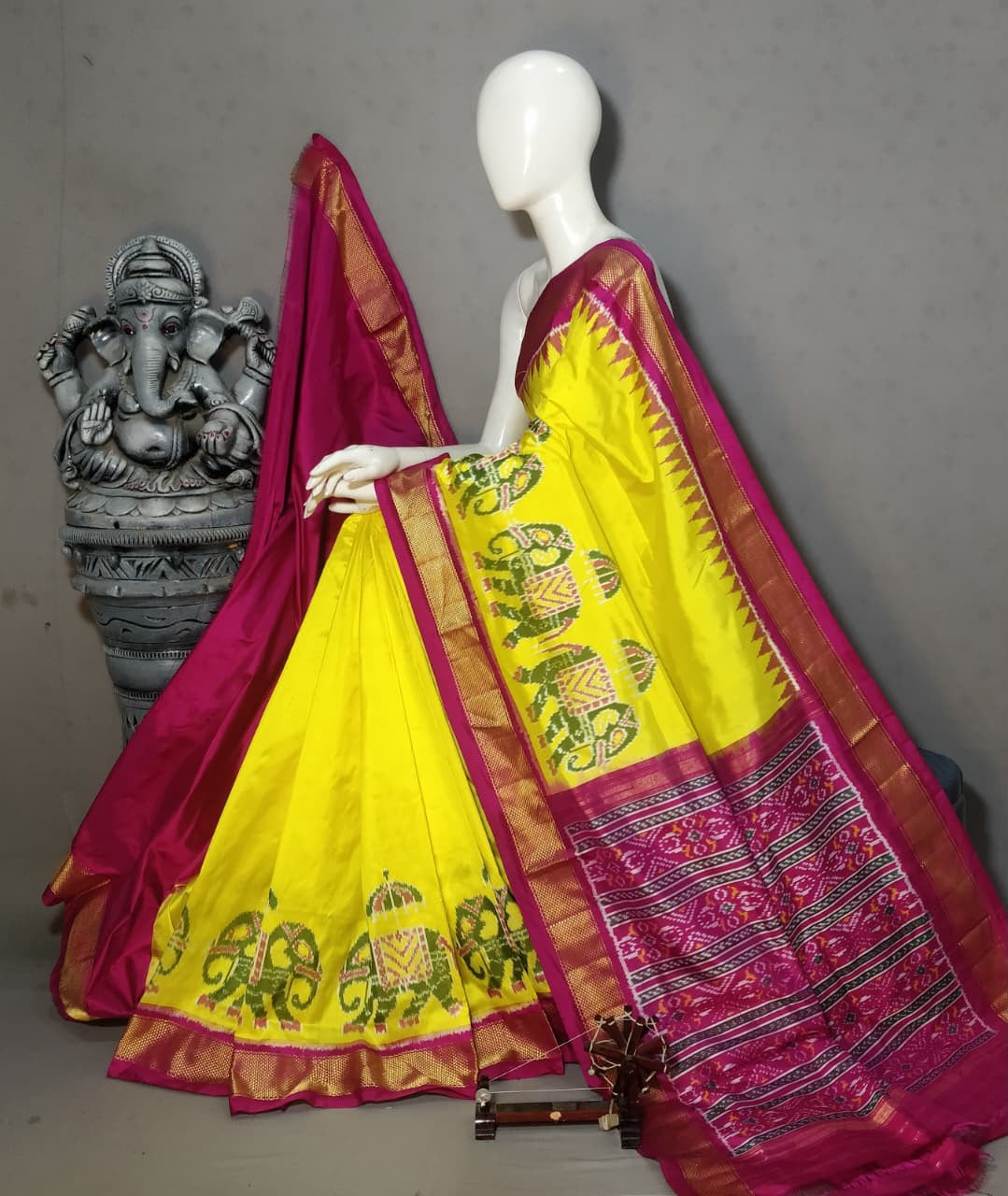 Bright Yellow Handwoven Patola Silk Saree with Elephant Motifs, Pink Pallu & Zari Border