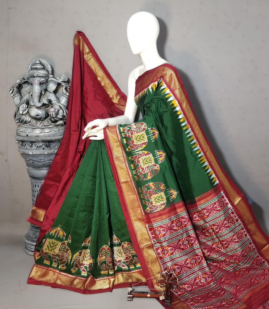 Forest Green Handwoven Patola Silk Saree with Elephant Motifs, Maroon Pallu & Zari Border