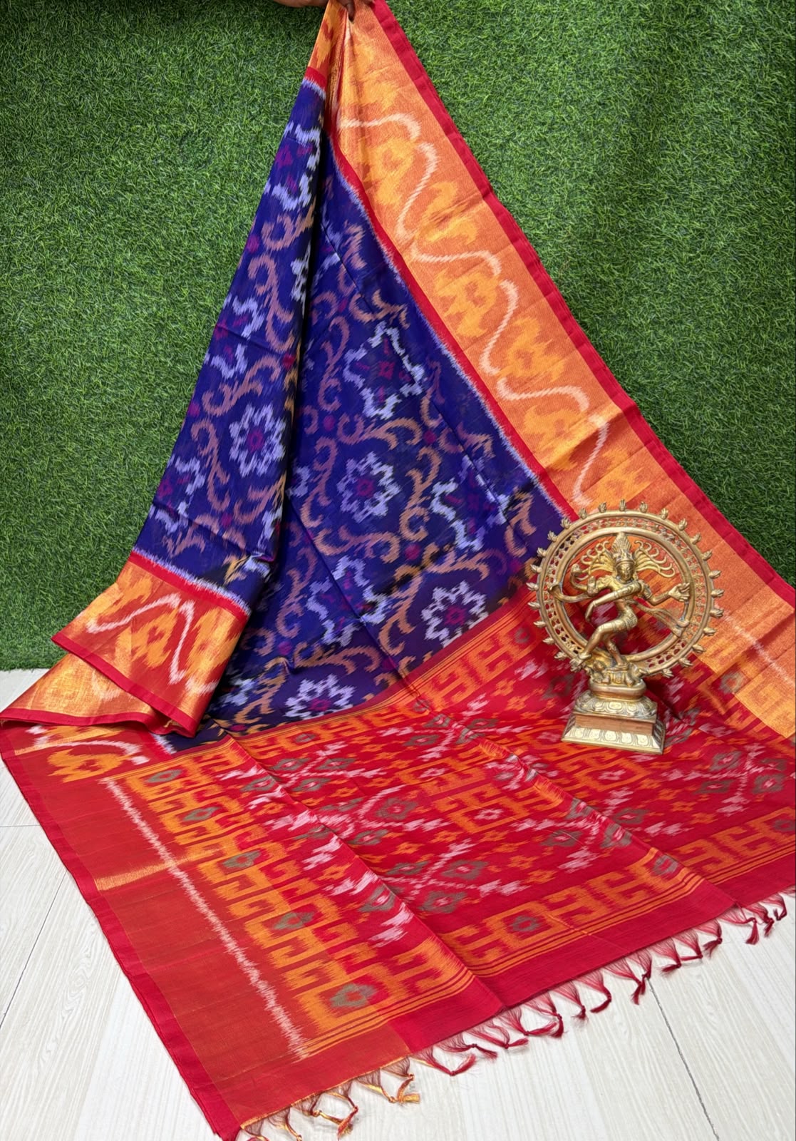 Handloom Ikkat Silk Cotton Saree Dark Purple and Crimson Red Border