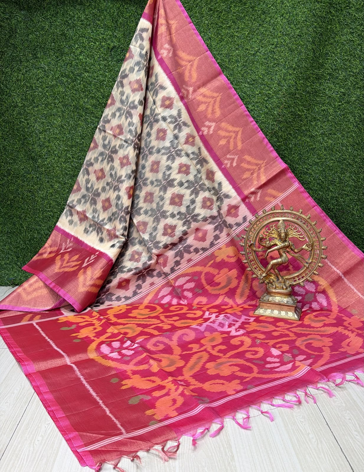 Handloom Ikkat Silk Cotton Saree with Cream and Rose Pink Border