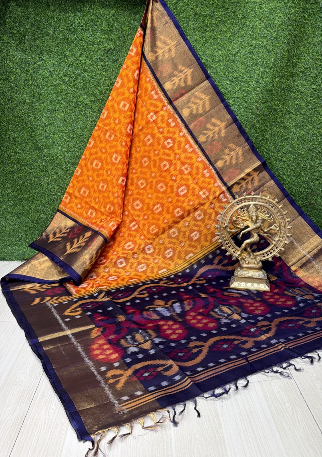 Handloom Ikkat Silk Cotton Saree Orange and Navy Blue Border