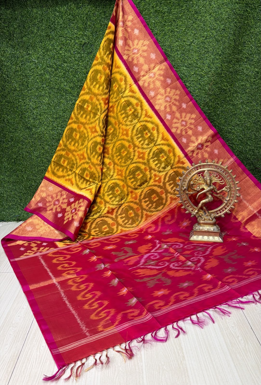 Handloom Ikkat Silk Cotton Saree in Golden Yellow and Magenta Pink Border