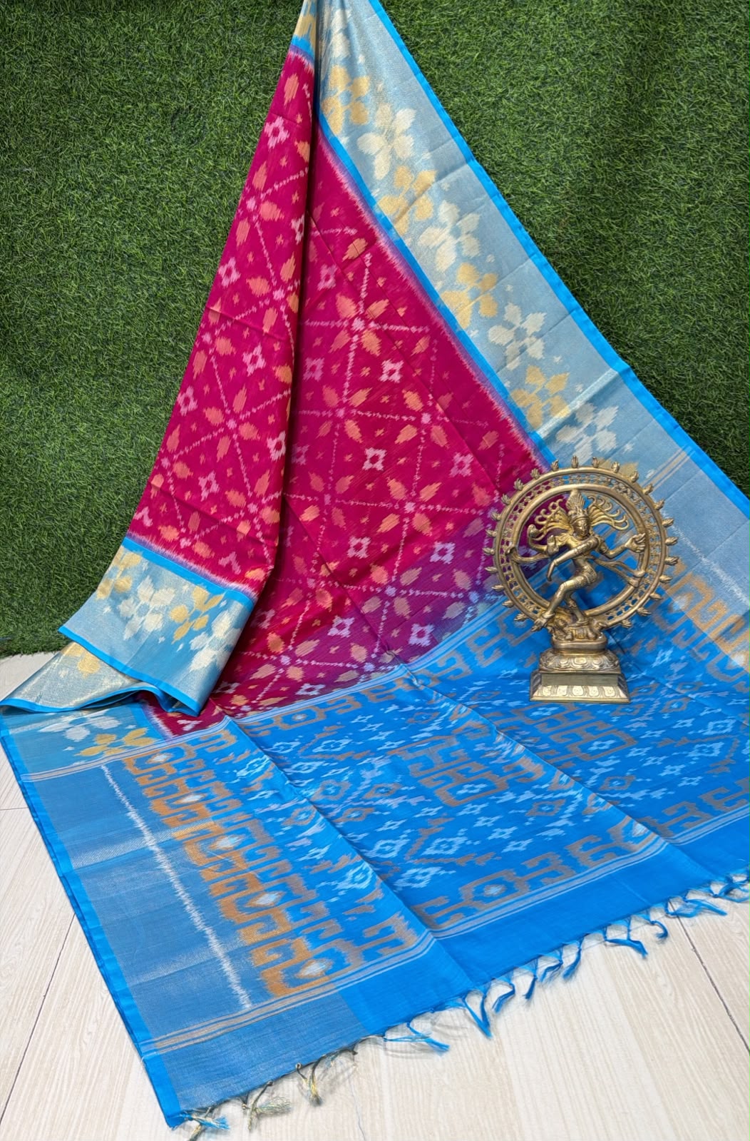 Handloom Ikkat Silk Cotton Saree Magenta Pink and Sky Blue Border