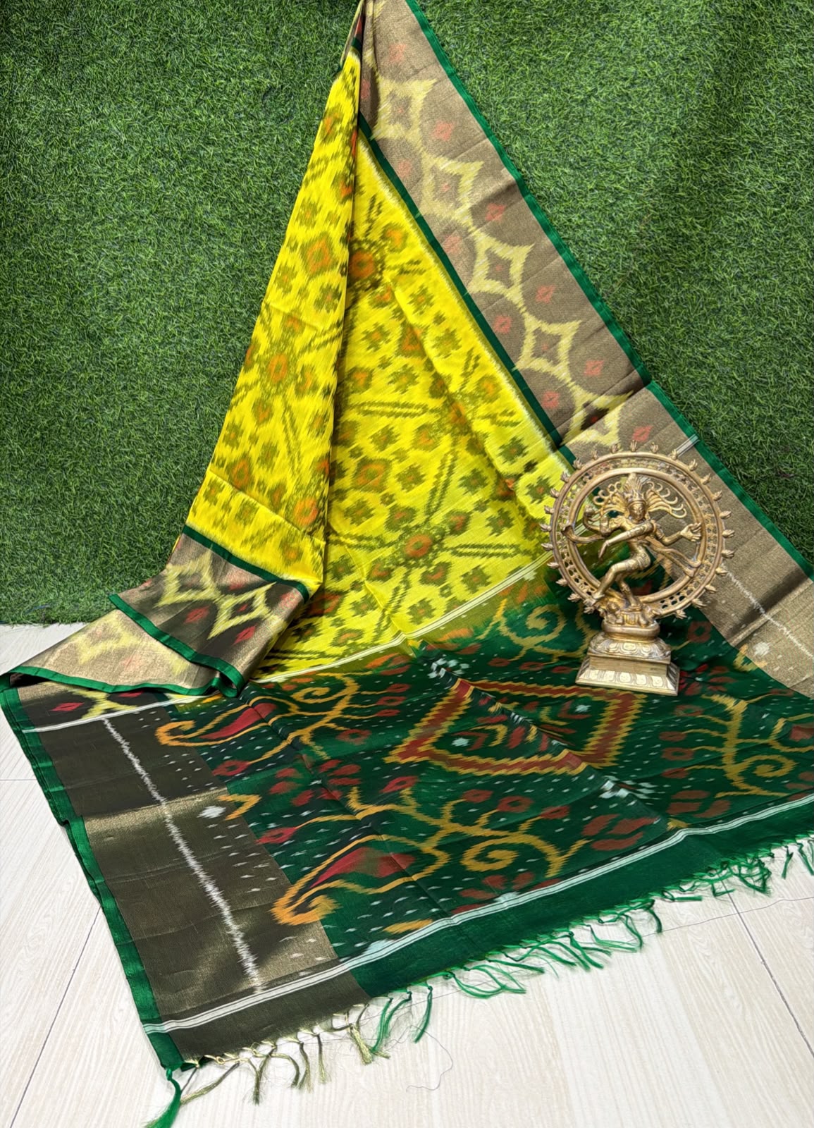 Handloom Ikkat Silk Cotton Saree Bright Yellow and Dark Green Border