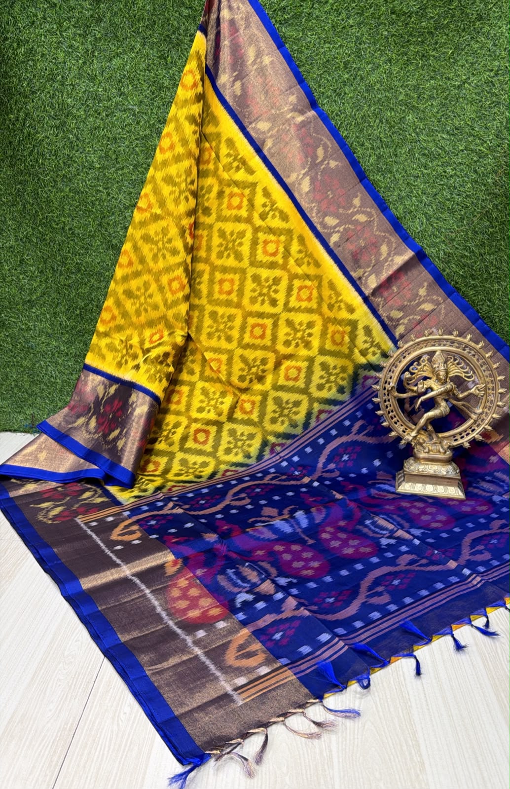 Vibrant Bright Yellow and Royal Blue Handloom Ikkat Silk Cotton Saree