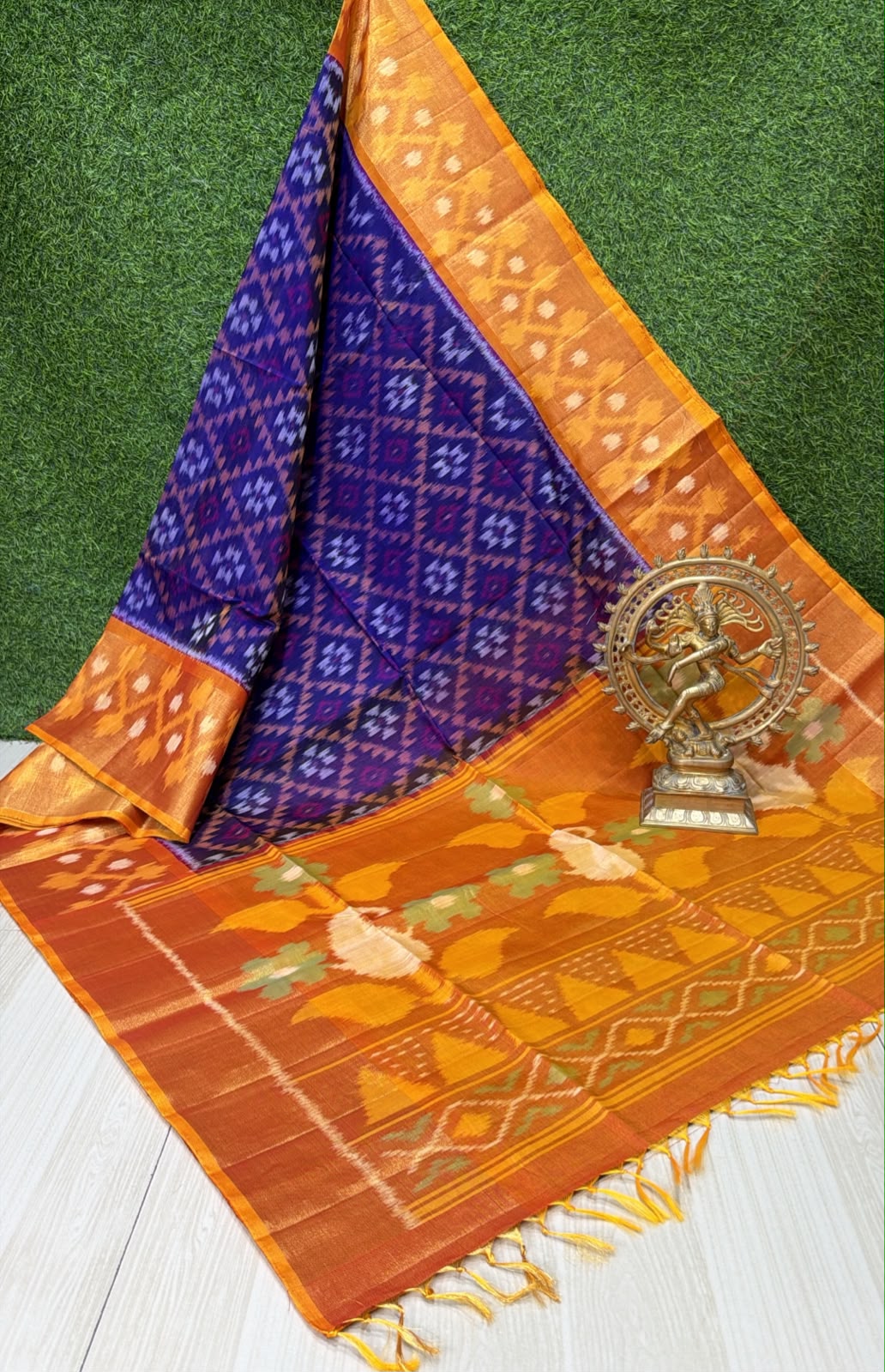 Handloom Ikkat Silk Cotton Saree Royal Purple and Mustard Yellow