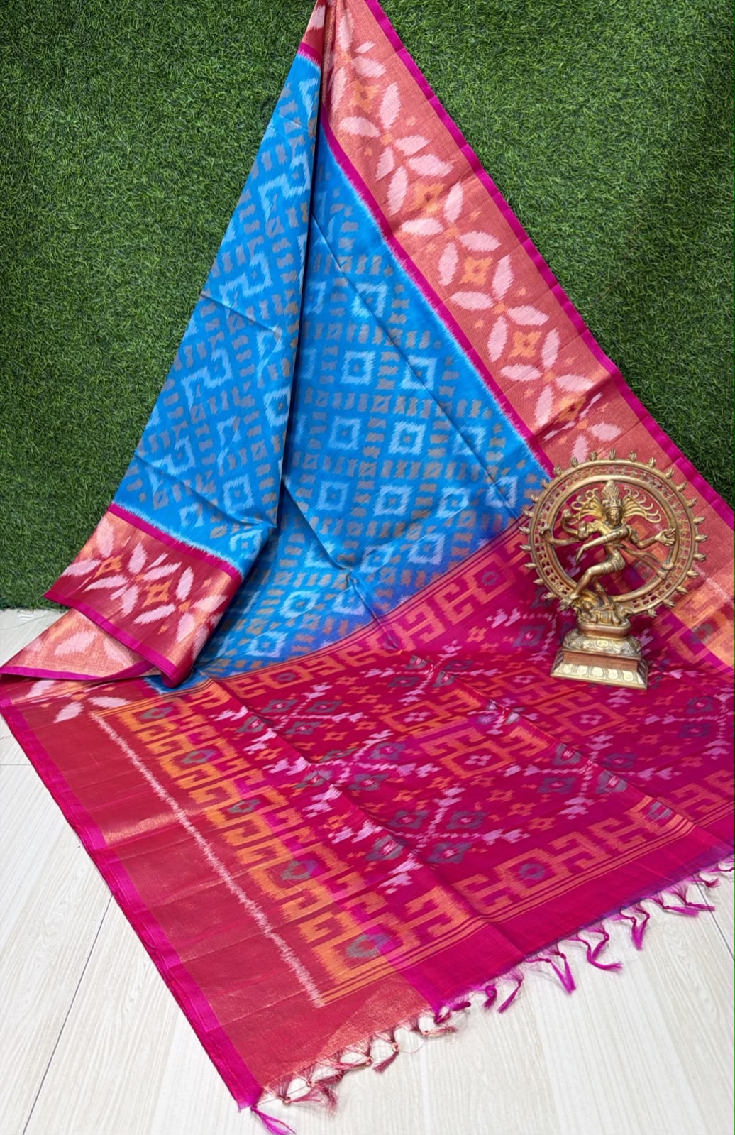 Handloom Ikkat Silk Cotton Saree Stunning Blue and Magenta Pink Border