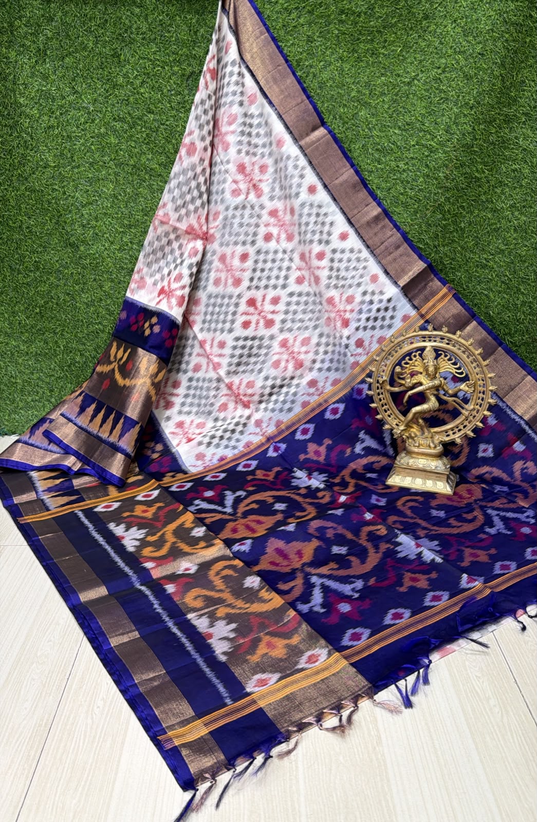 Handloom Ikkat Silk Cotton Saree Off-White and Royal Navy Blue Border