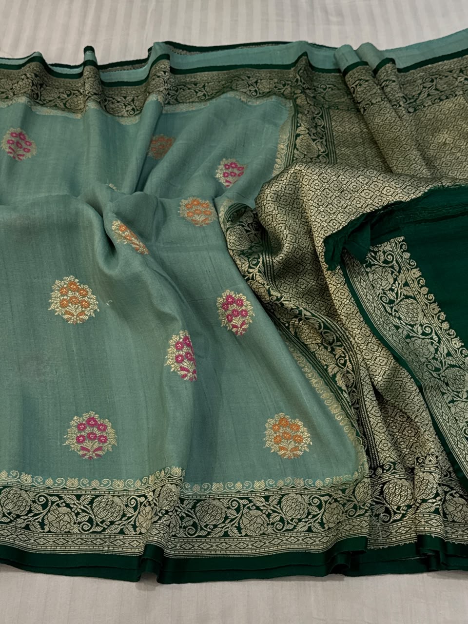 Sage Green & Bottle Green Tussar Georgette Saree with Digital Print