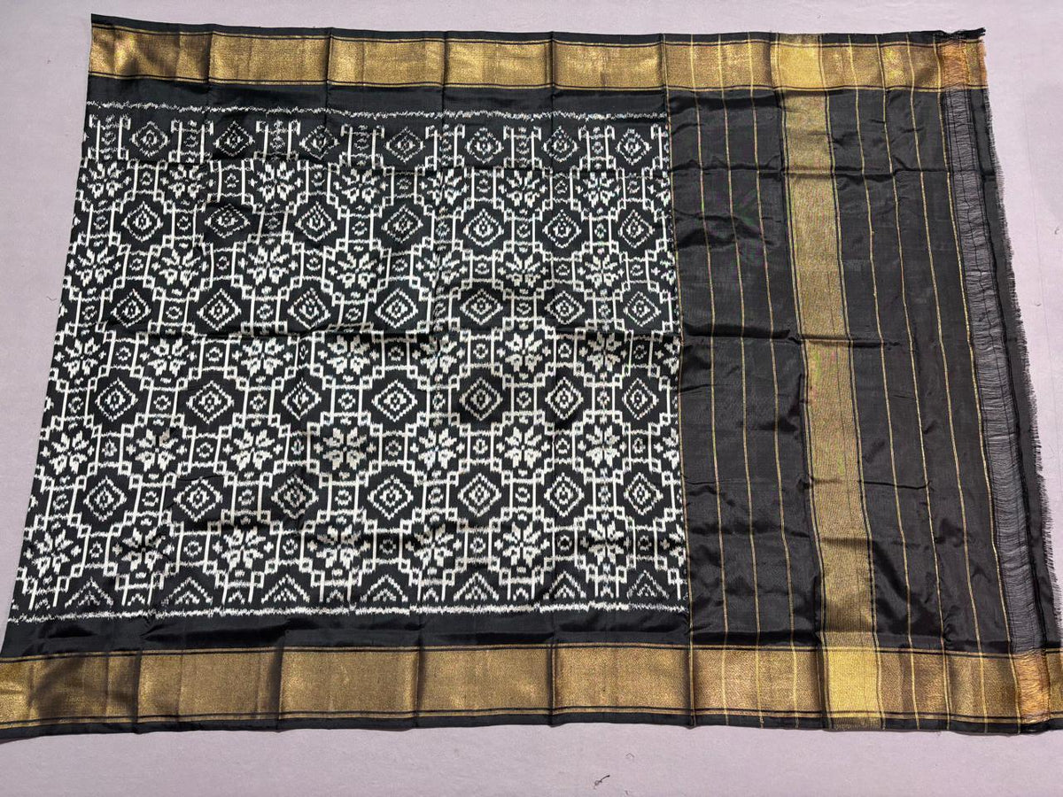 Black & White Ikkat Silk Dupatta with Gold Zari Border