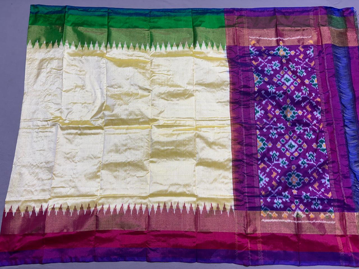 Premium Cream Pure Silk Dupatta with Purple Patola Pallu & Green Zari Border