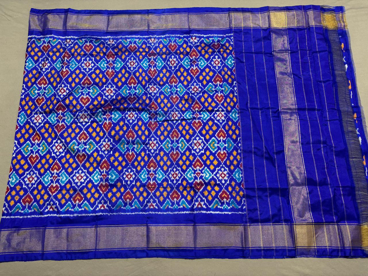 Royal Blue & White Patola Inspired Silk Dupatta with Geometric Ikat Design and Zari Pallu
