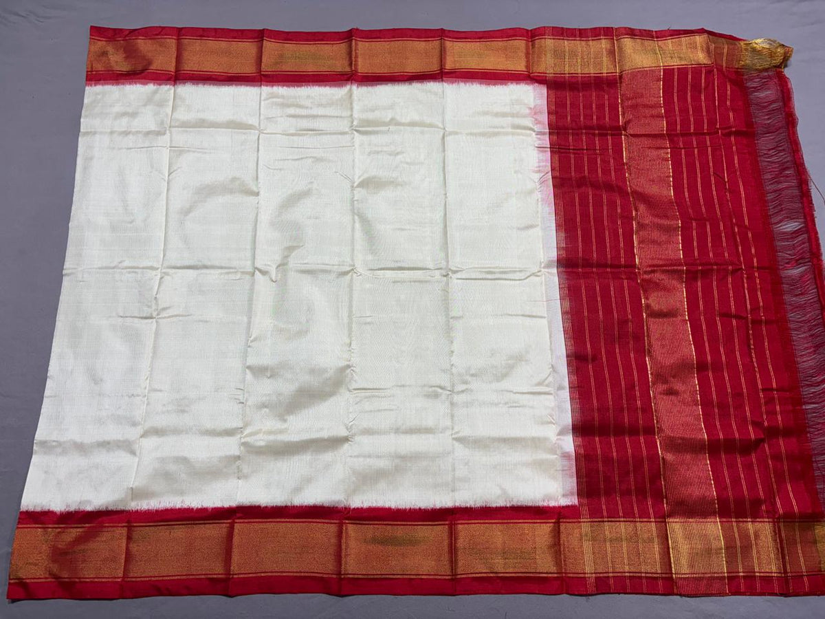 Premium Off-White Ikkat Pure Silk Dupatta with Red Gold Zari Border