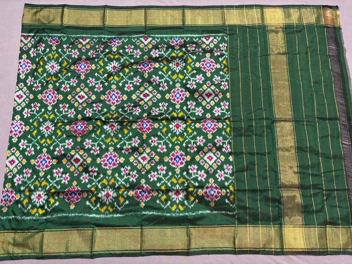 Premium Forest Green Ikkat Pure Silk Dupatta with Gold Zari Border
