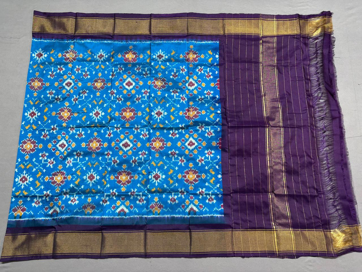 Sky Blue Patola Silk Dupatta with Traditional Ikat Motifs & Purple Zari Border