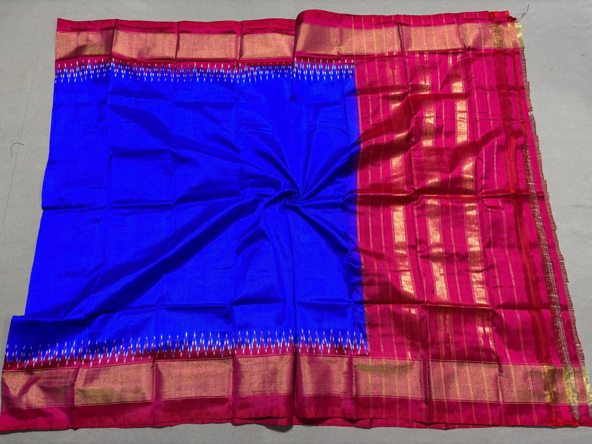 Royal Blue Ikat Silk Dupatta with Floral Motifs & Red Gold Zari Border