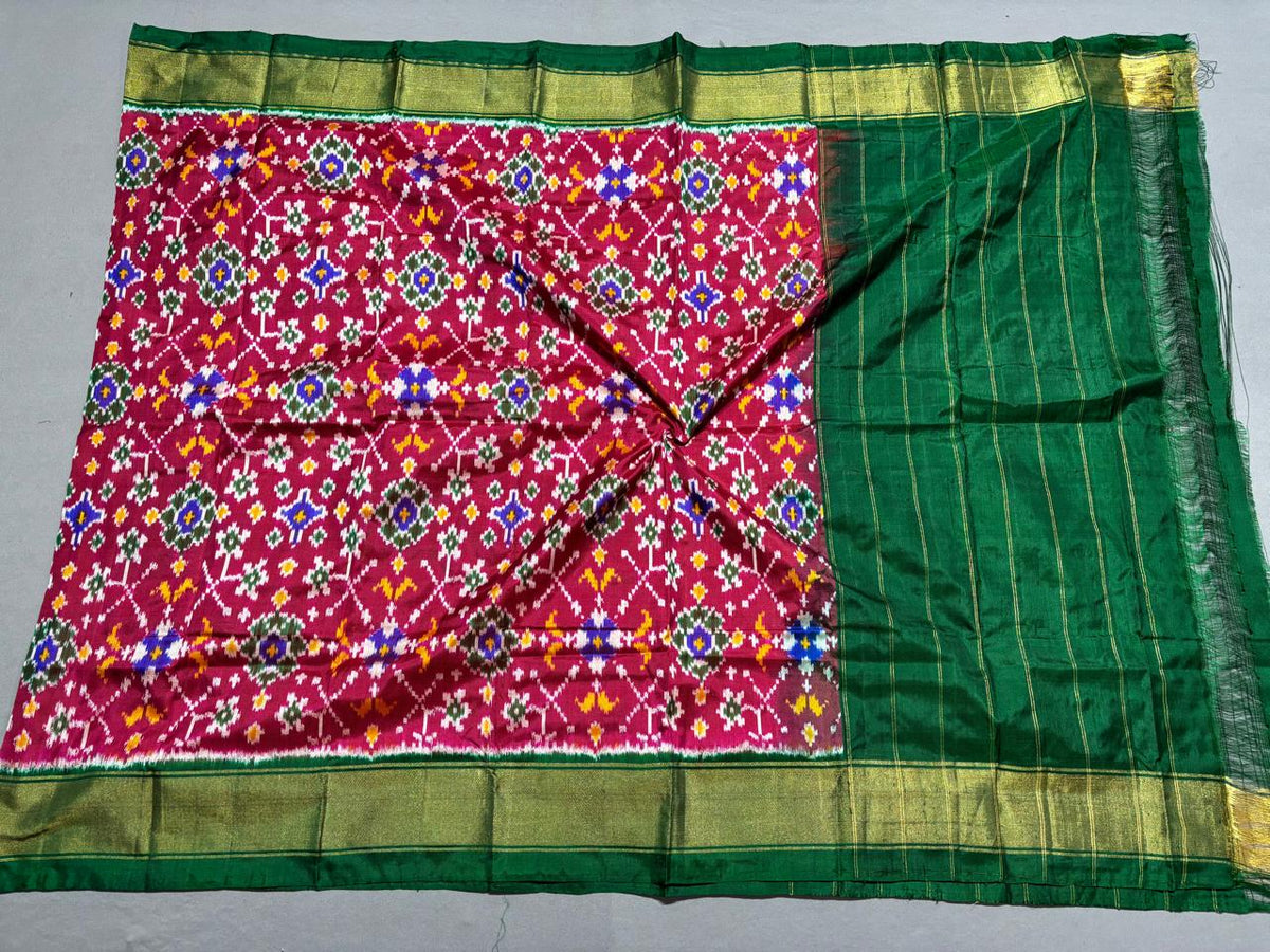 Wine Pink Patola Inspired Silk Dupatta with Emerald Green Zari Pallu and Traditional Floral Ikat Design