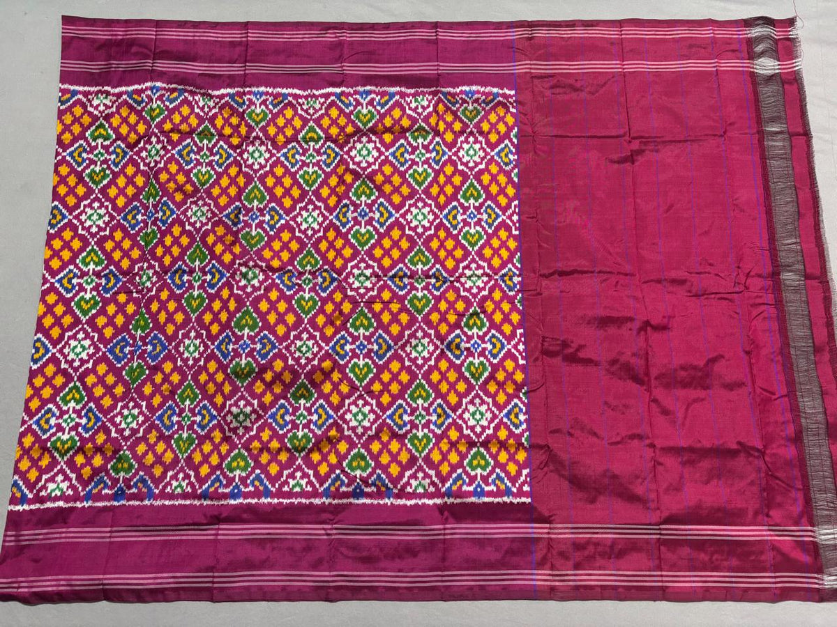 Dusty Rose Ikat Silk Dupatta with Multicolor Floral Motifs and Red Gold Zari Border