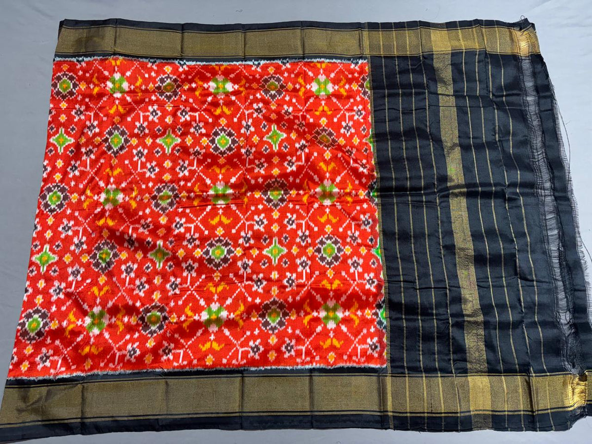 Red Designer Ikkat Silk Dupatta with Traditional Geometric Pattern & Rich Golden Zari Border