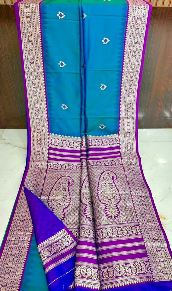 Peacock Blue Semi Katan Silk Saree with Rich Purple Zari Border