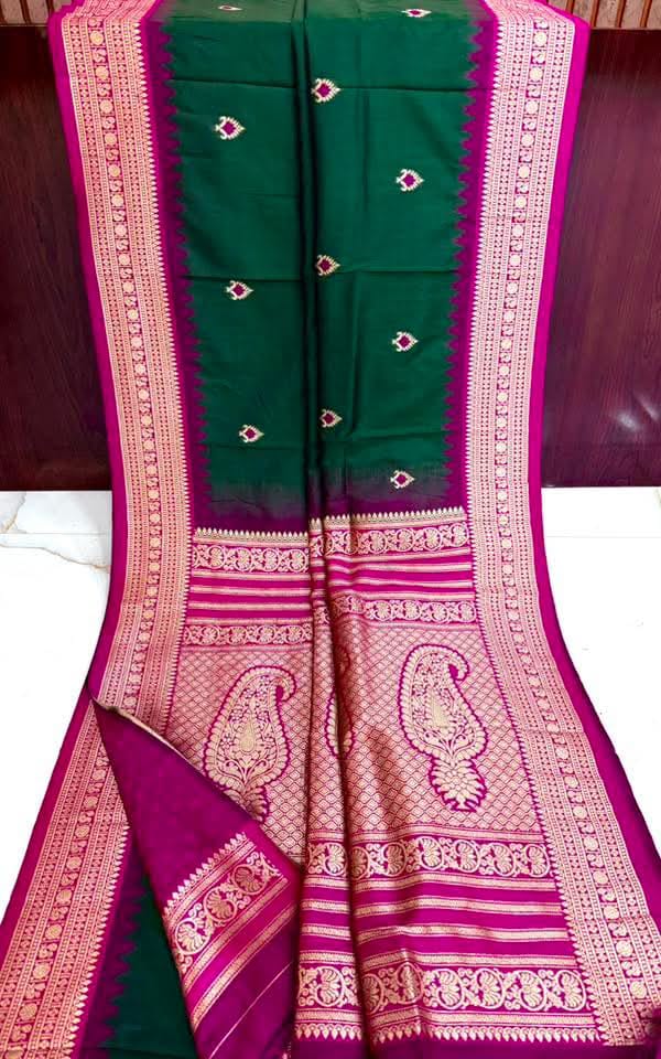 Bottle Green Semi Katan Silk Saree with Rich Pink Zari Border