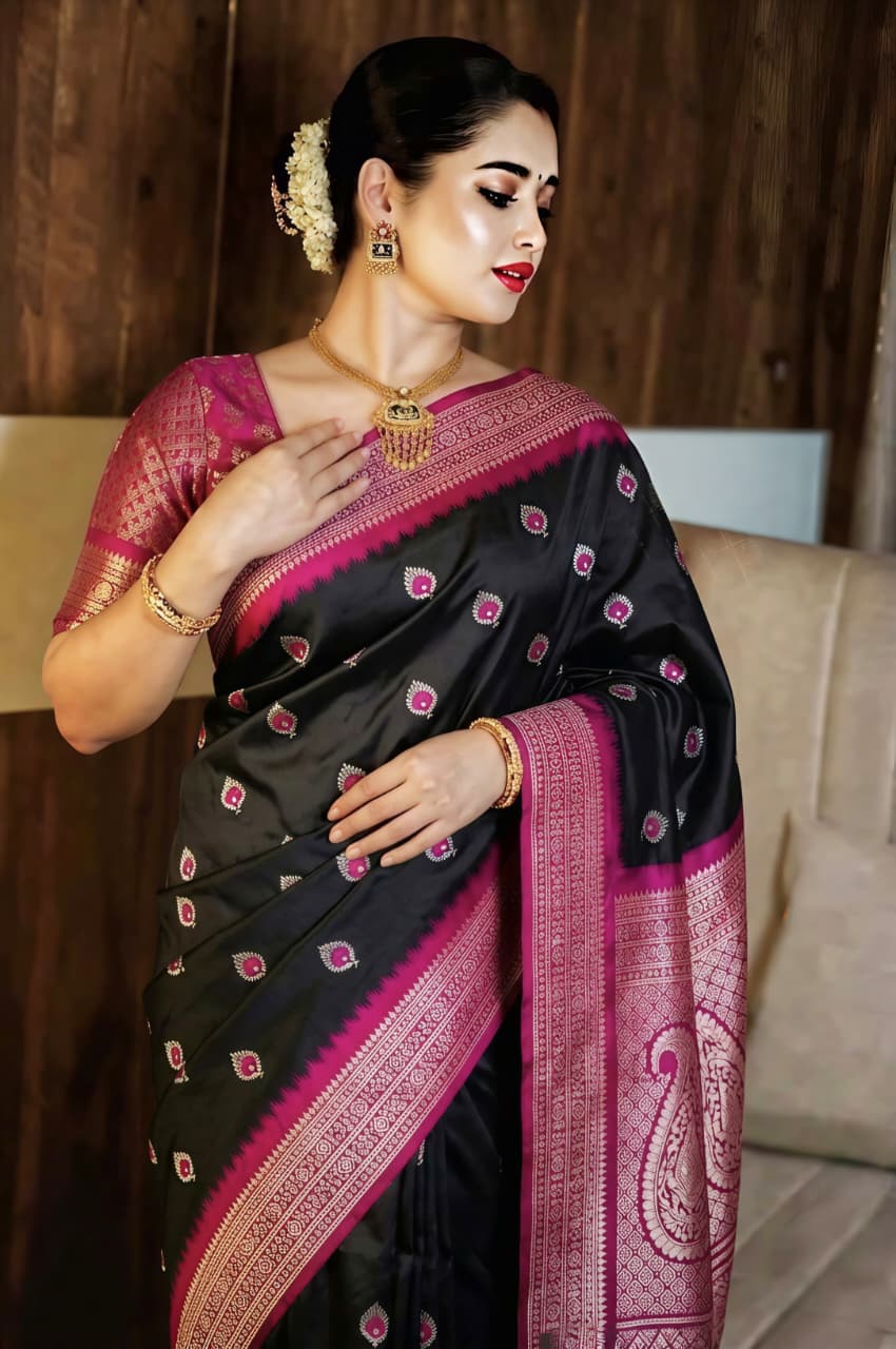 Black Semi Katan Silk Saree with Magenta Pink Zari Border