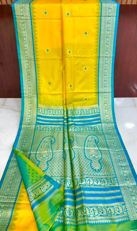 Yellow Semi Katan Silk Saree with Aqua Blue Zari Border
