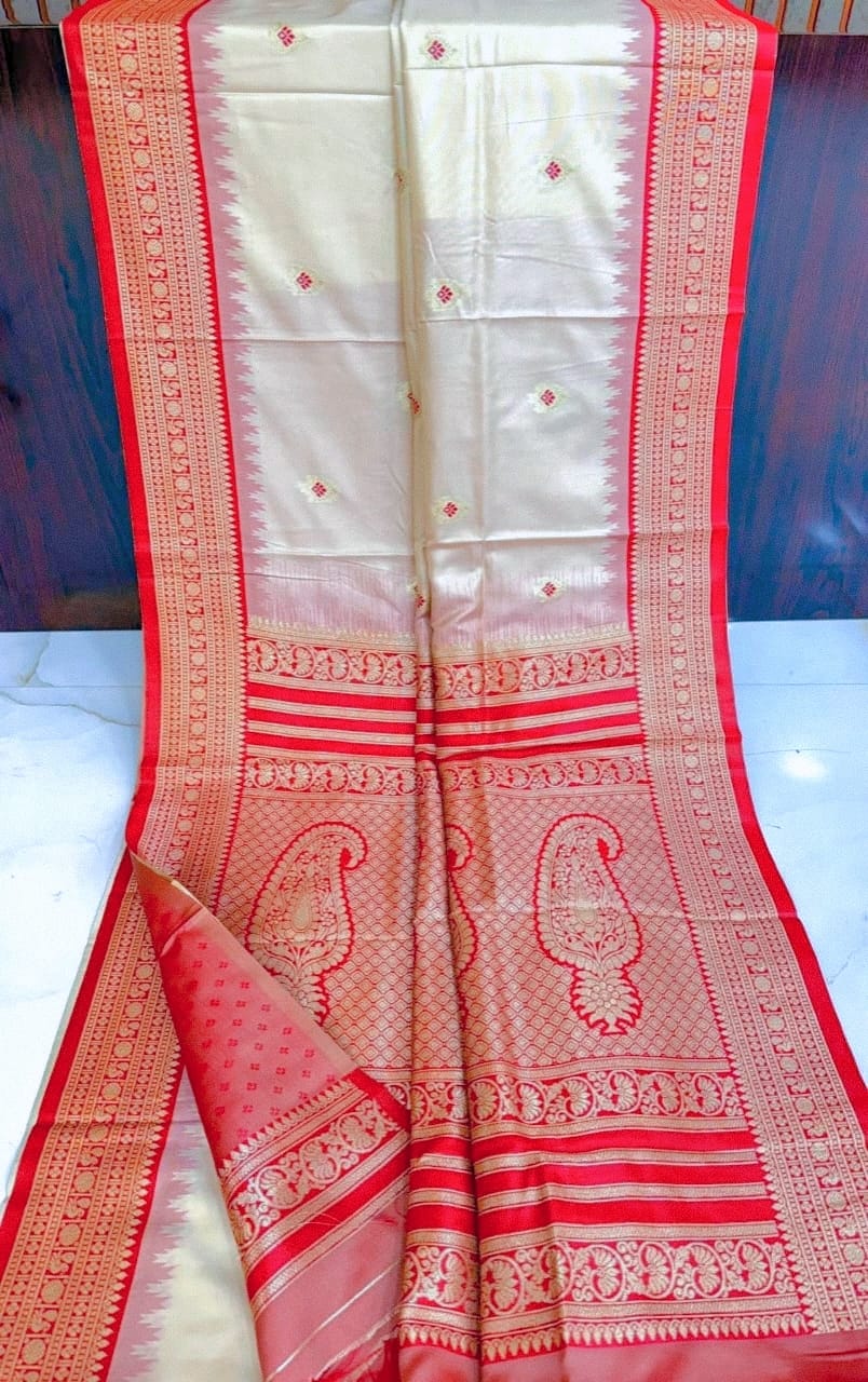 Ivory White Semi Katan Silk Saree with Coral Red Zari Border
