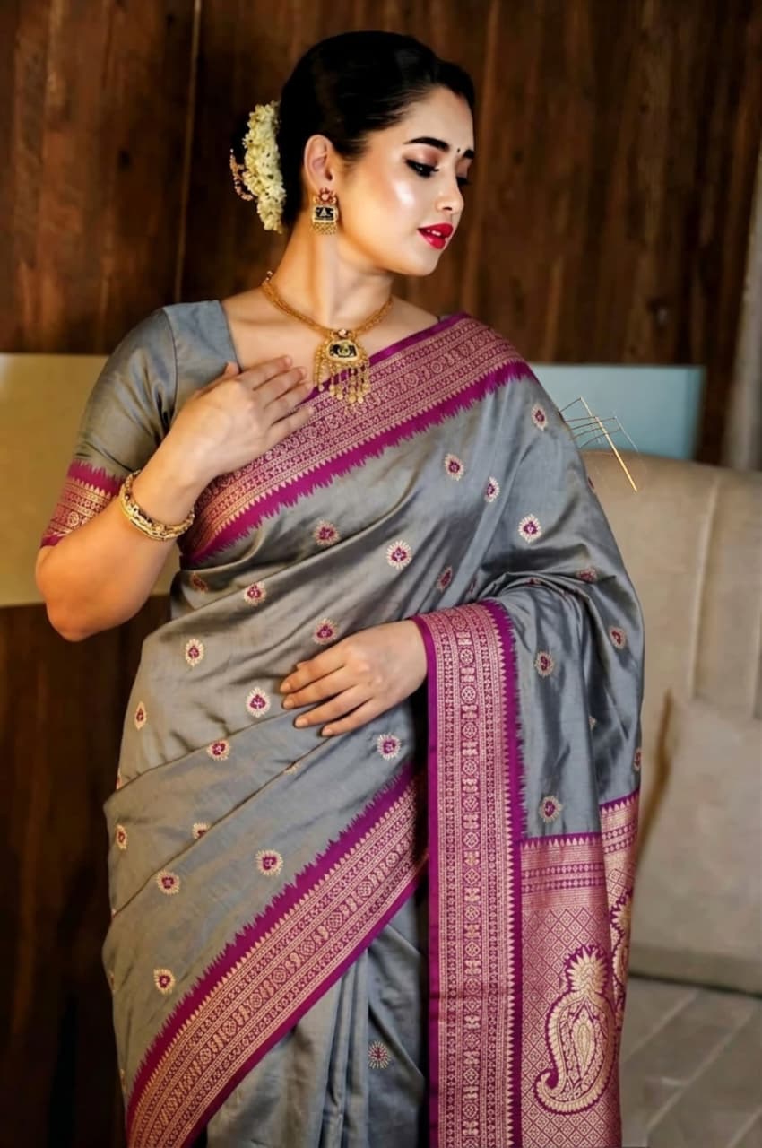 Steel Grey Semi Katan Silk Saree with Magenta Zari Border
