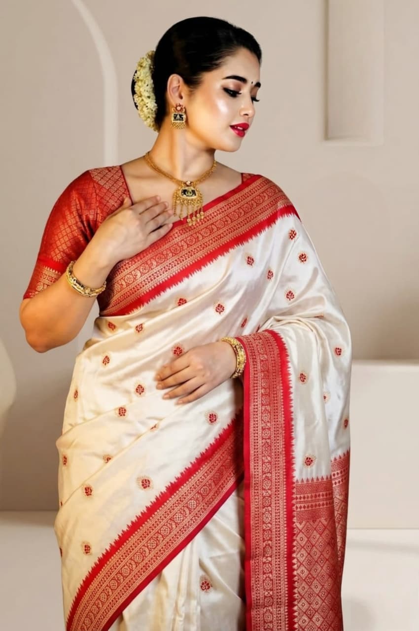 Ivory White Semi Katan Silk Saree with Ruby Red Zari Border