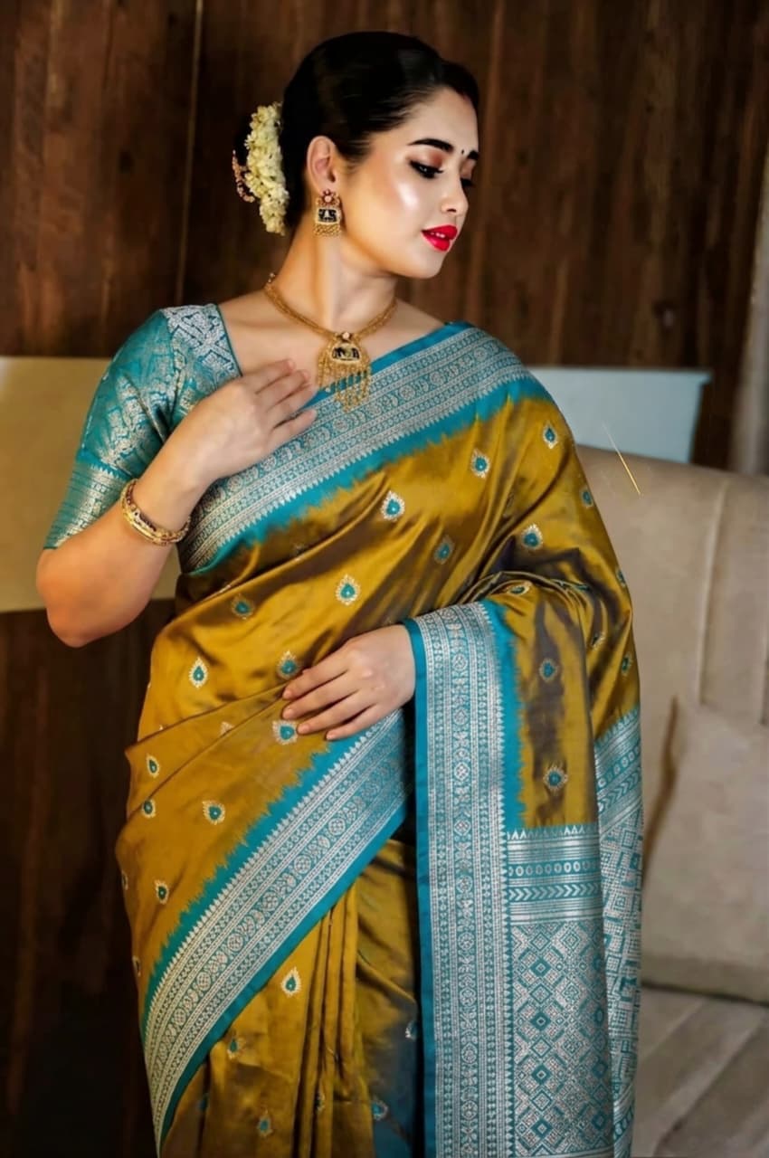 Olive Gold Semi Katan Silk Saree with turquoise Blue Zari Border