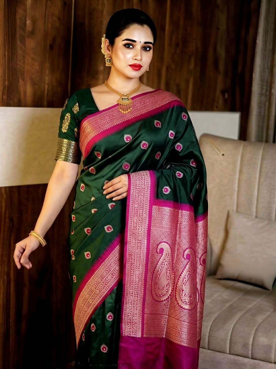 Bottle Green Semi Katan Silk Saree with Rani Pink Zari Border