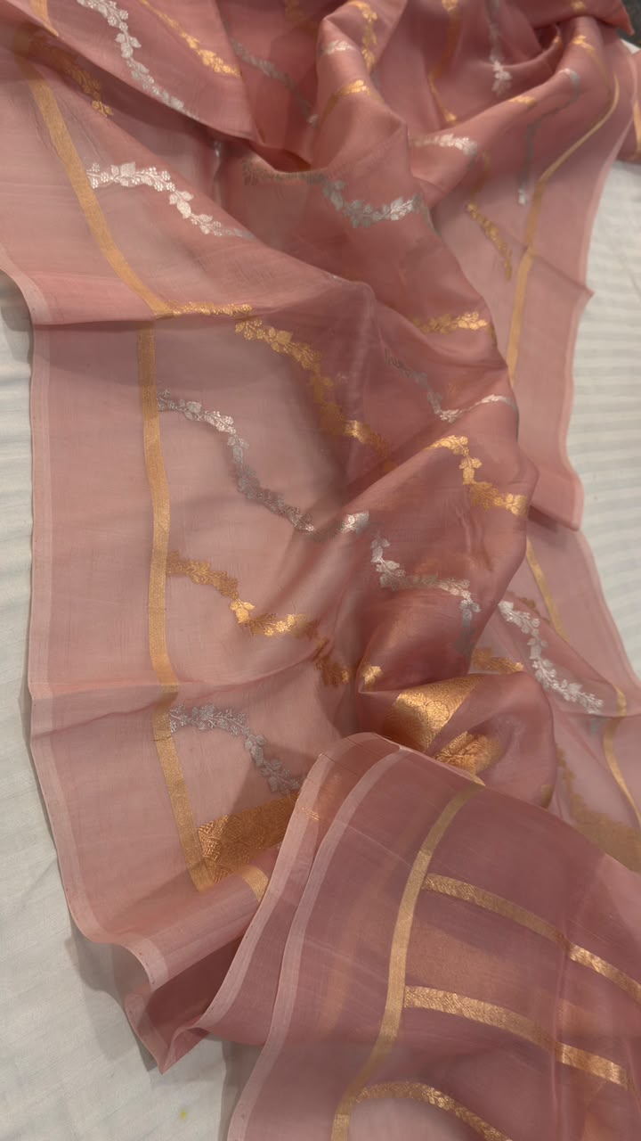 Elegant Dusty Rose Organza Kora Silk Saree Gold & Silver Zari Stripes