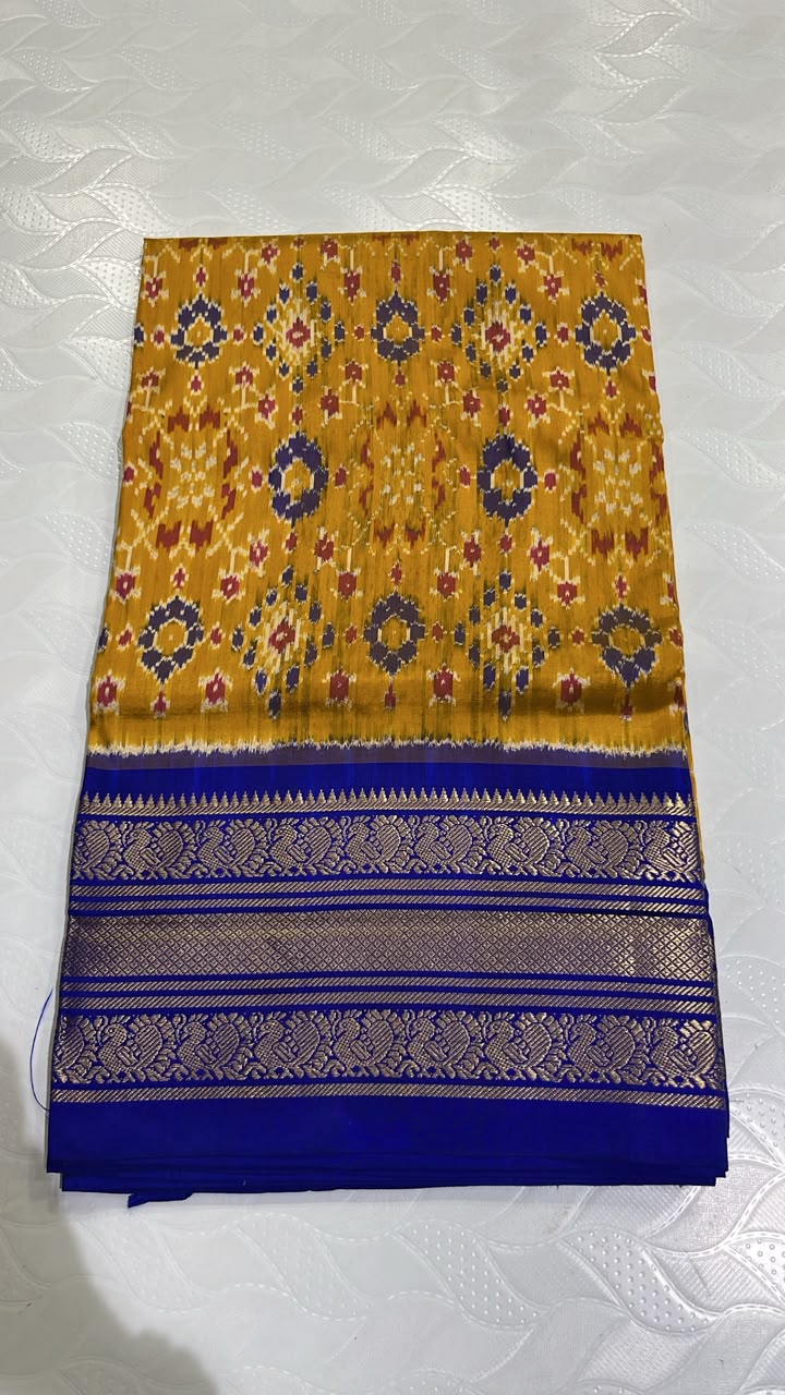 Mustard Yellow and Royal Blue Pochampally Ikkat Silk Saree with Kanchi Border