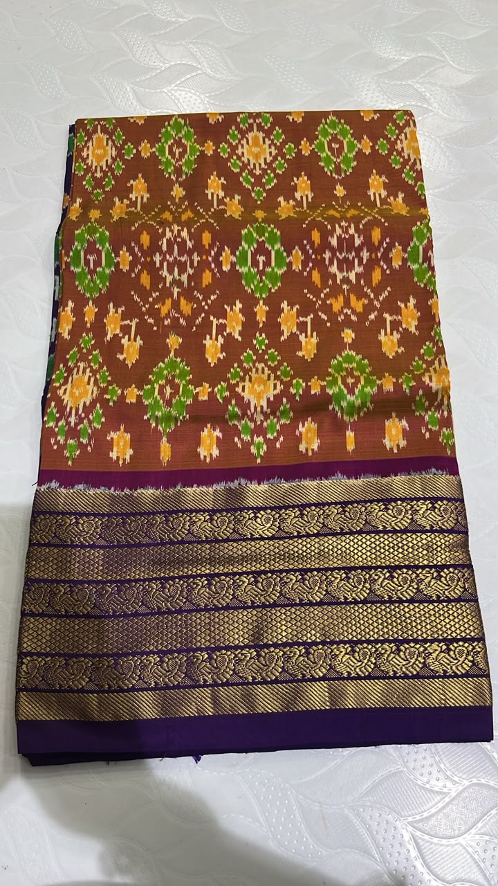 Pochampally Ikkat Silk Saree in Brown and Purple Kanchi Border