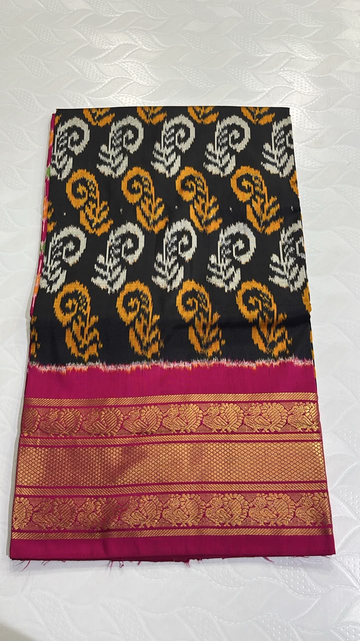 Pochampally Ikkat Silk Saree in Black with Mustard and White and Magenta Kanchi Border