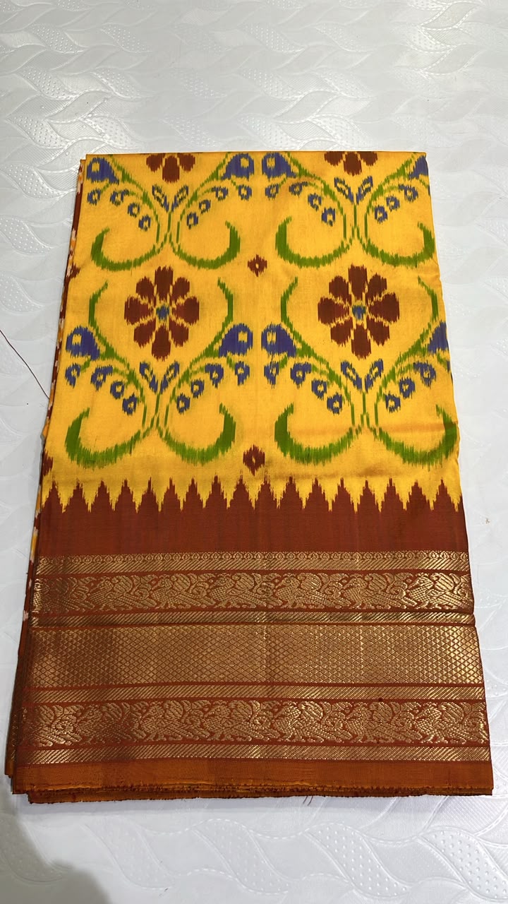Pochampally Ikkat Silk Saree in Mustard Yellow with and Dark Brown Kanchi Border